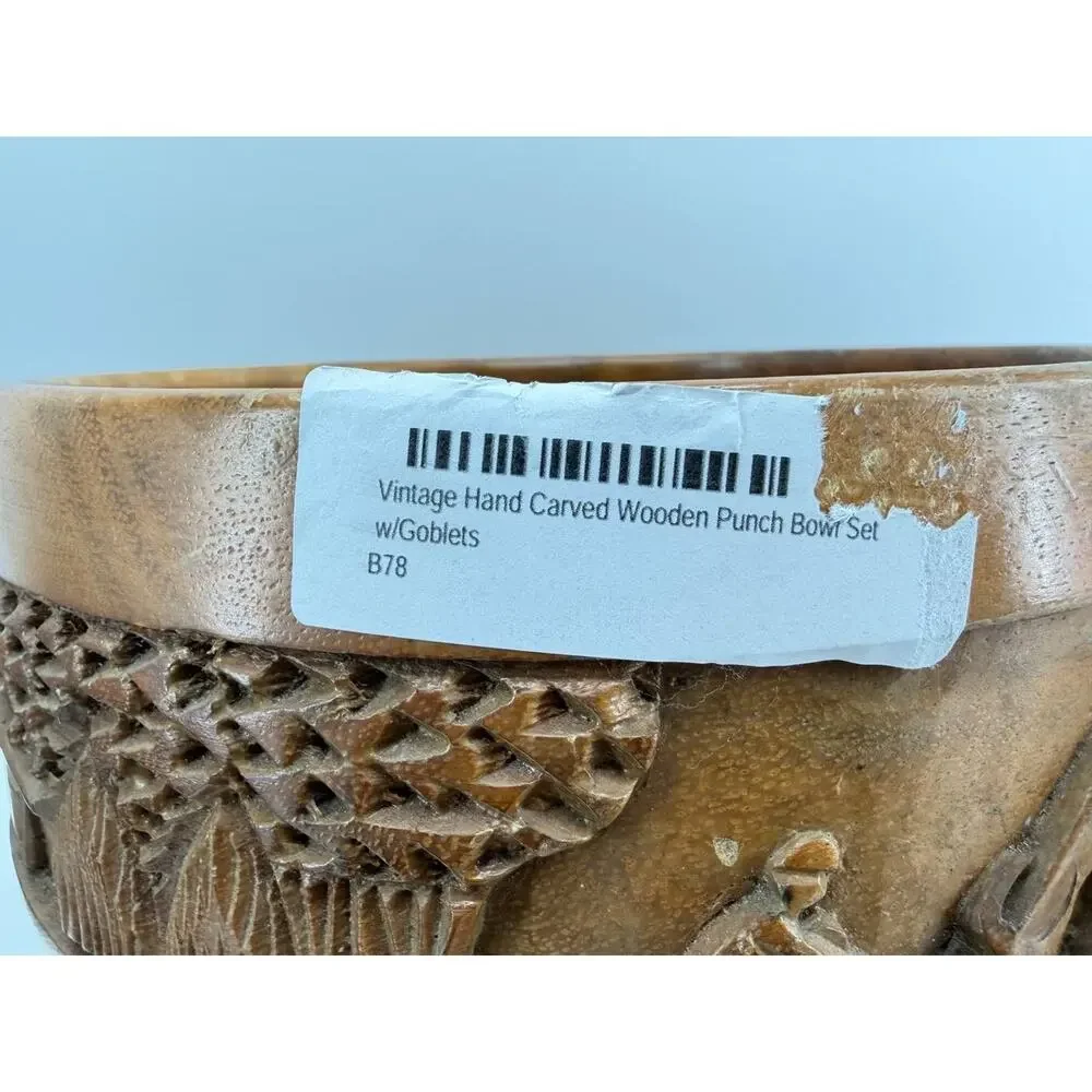 Vintage Hand Carved Wood Punch Bowl Set 6 Goblets Tiki Village 3 lb